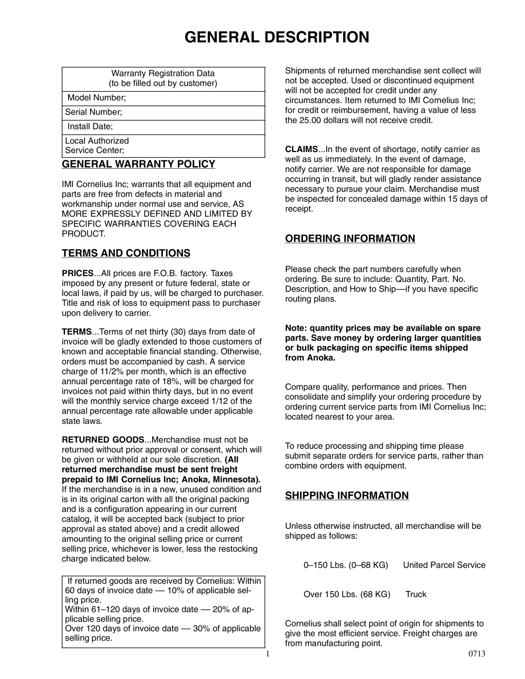 Cornelius 2232MS service manual General Description, General Warranty Policy, Terms and Conditions, Ordering Information 