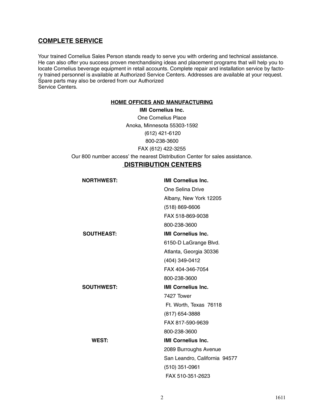 Cornelius 2232MS service manual Complete Service, Distribution Centers, IMI Cornelius Inc 