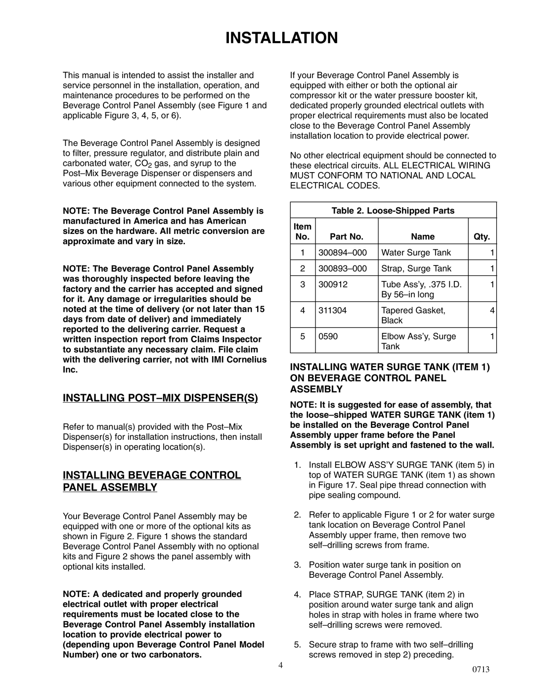 Cornelius 2232MS service manual Installation, Installing POST-MIX Dispensers, Installing Beverage Control Panel Assembly 