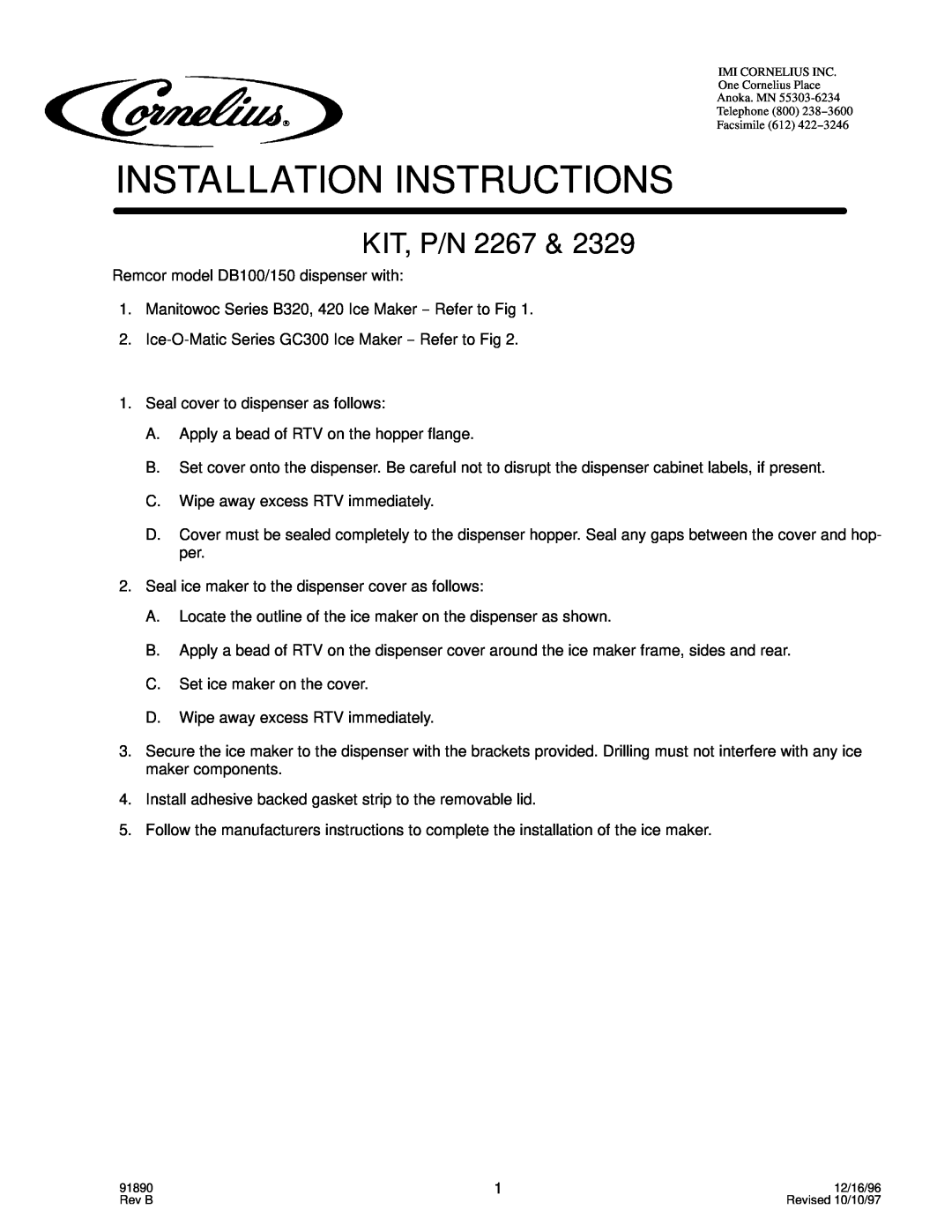 Cornelius 2267 installation instructions Installation Instructions, Kit, P/N 