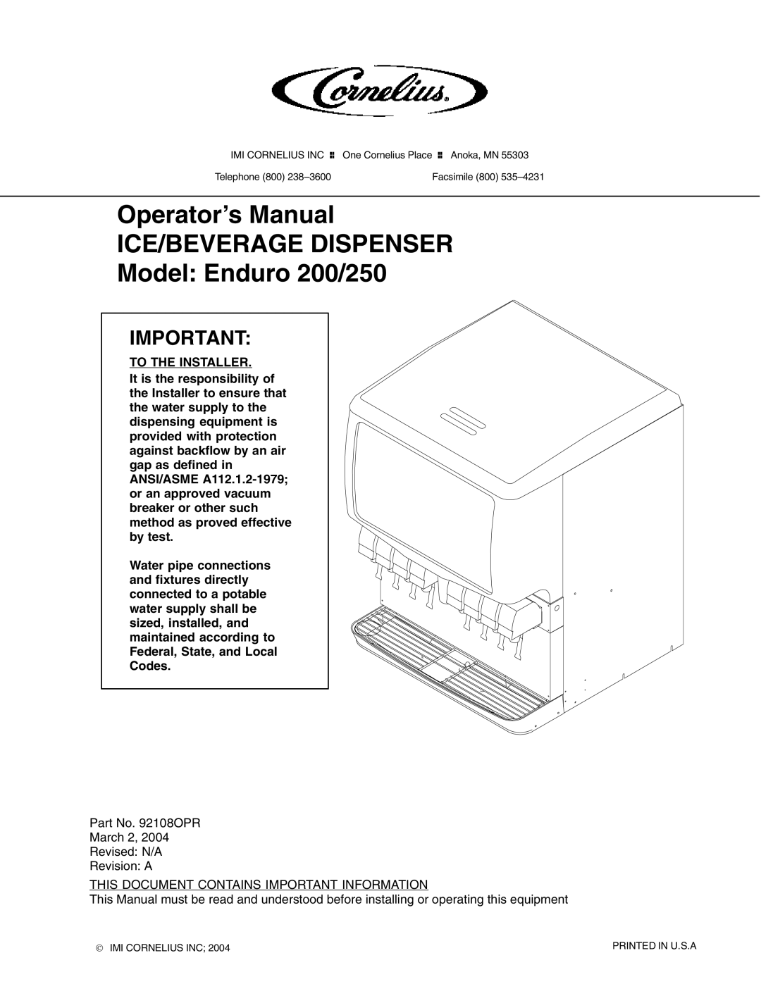 Cornelius 250 manual ICE/BEVERAGE Dispenser, This Document Contains Important Information 