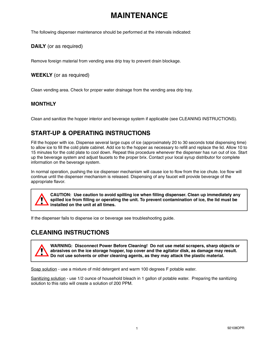 Cornelius 250 manual Maintenance, START-UP & Operating Instructions, Cleaning Instructions 