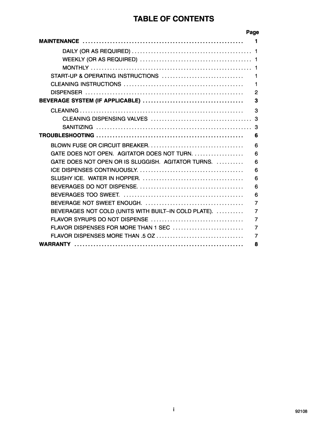 Cornelius 250 manual Table Of Contents, Page 