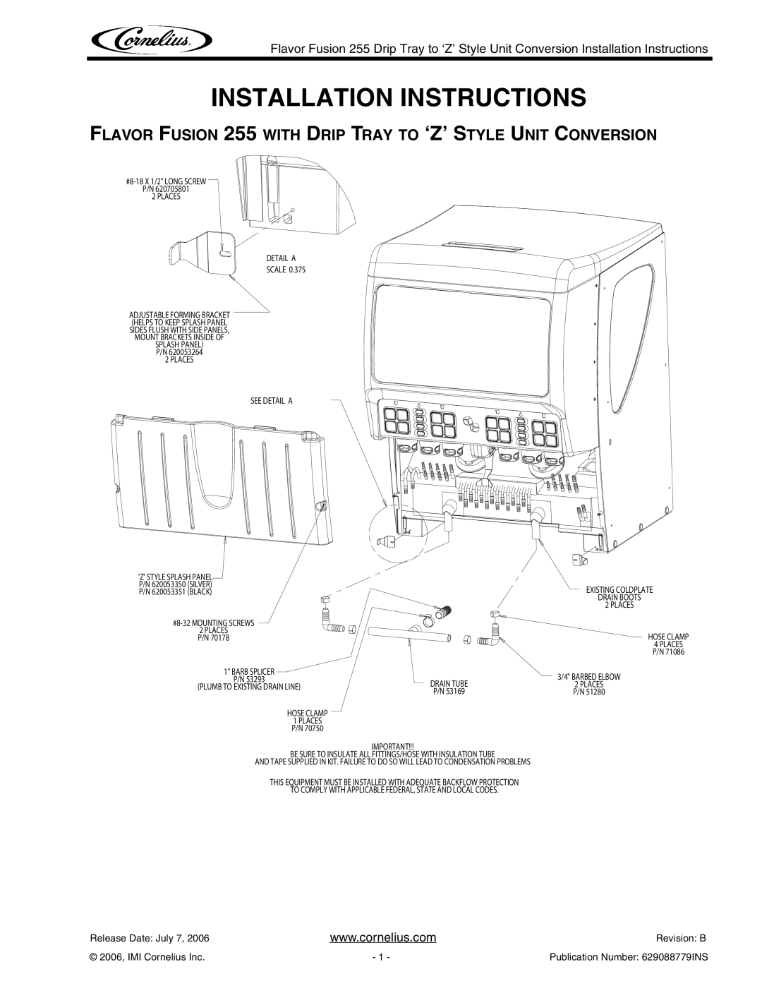 Cornelius 255 installation instructions Installation Instructions, Places Detail a, Places See Detail a 