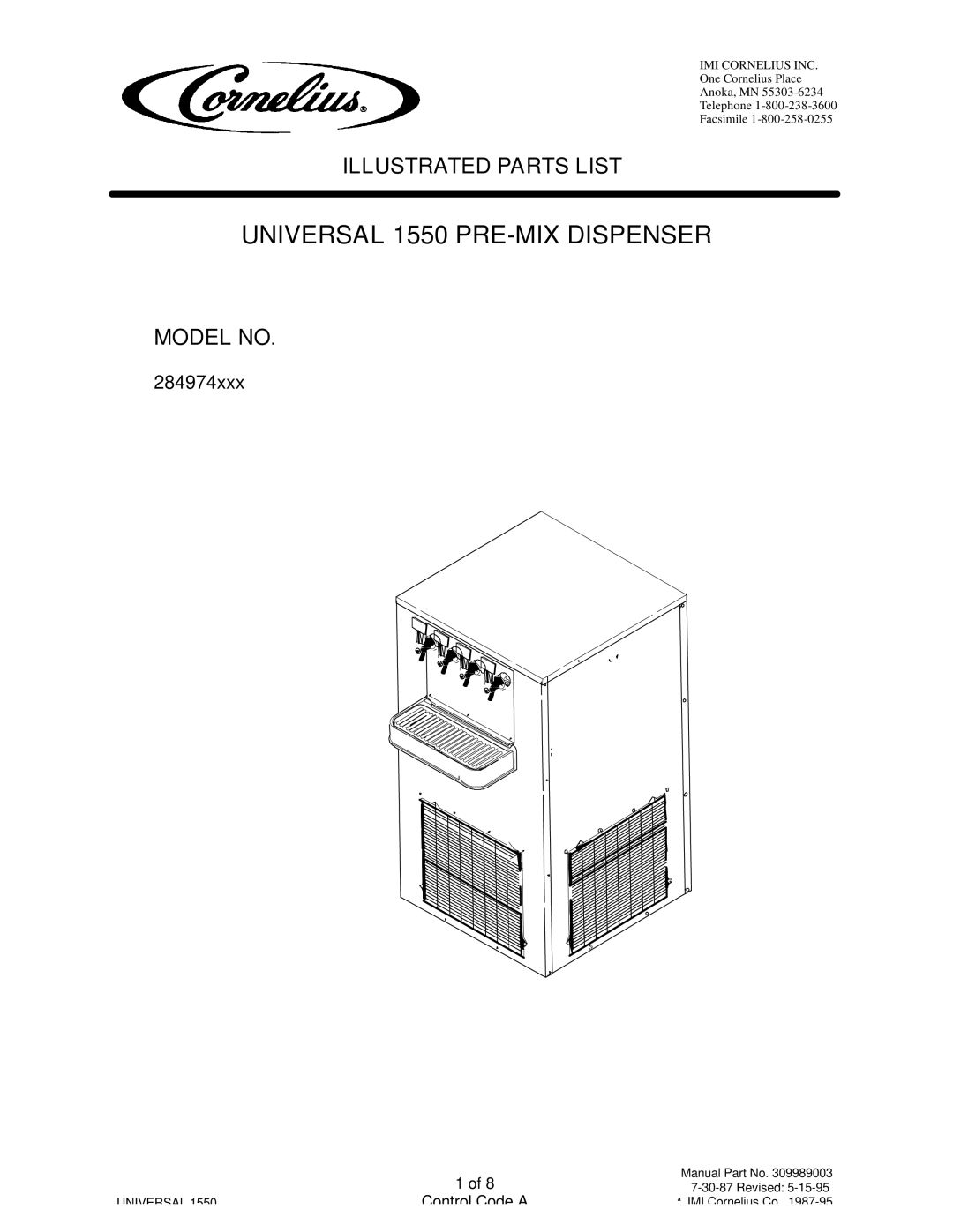 Cornelius 284974XXX manual Universal 1550 PRE-MIX Dispenser, Model no 