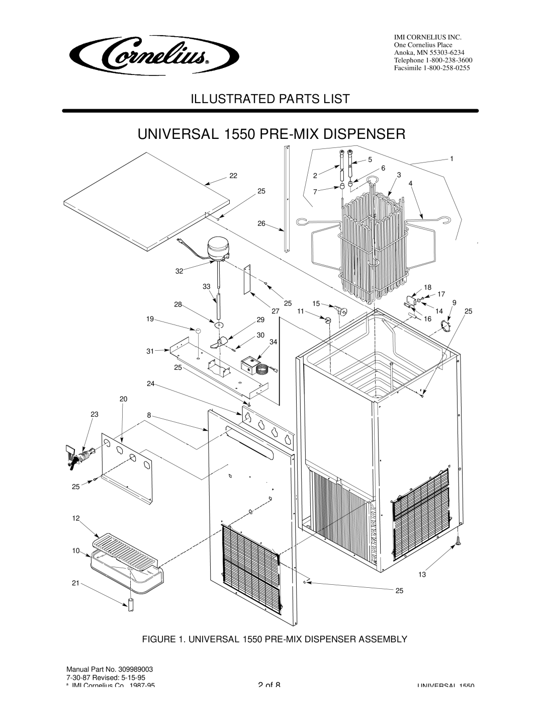 Cornelius 284974XXX manual Universal 1550 PRE-MIX Dispenser Assembly 