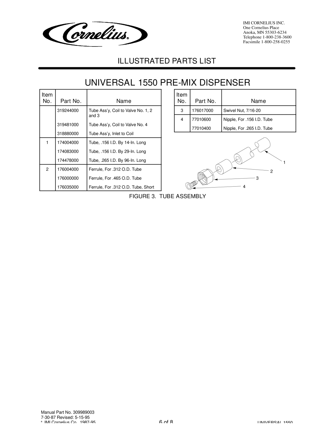 Cornelius 284974XXX manual Tube Assembly 