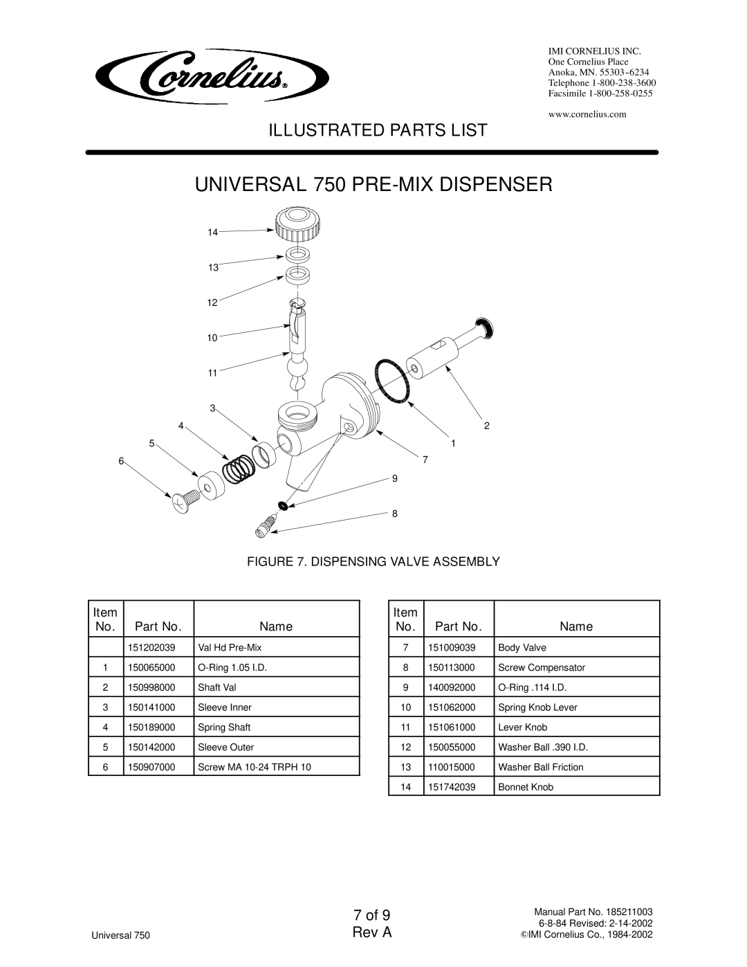 Cornelius 2849949xxx, 2849959xxx manual Dispensing Valve Assembly 