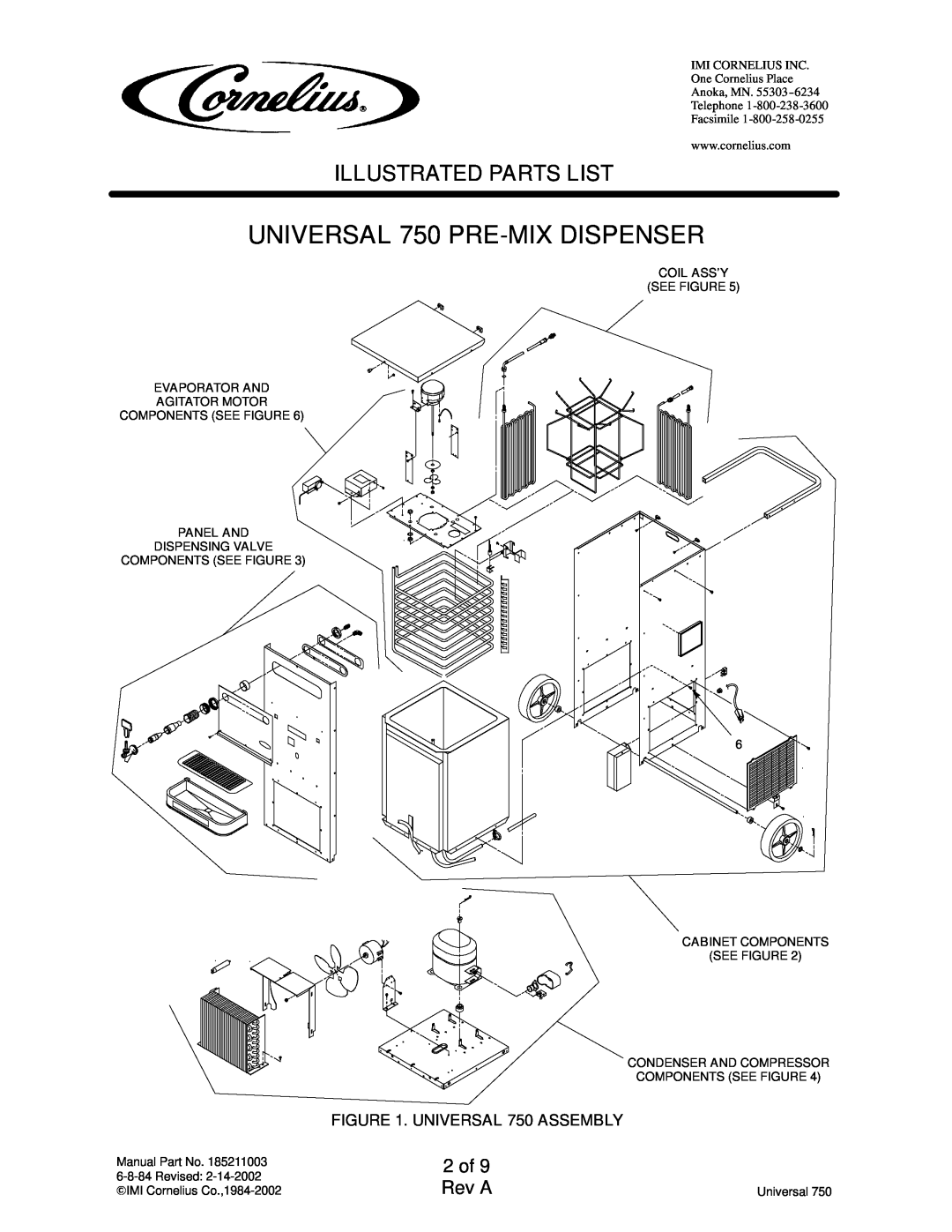 Cornelius 2849959xxx 2 of 9 Rev A, UNIVERSAL 750 PRE-MIXDISPENSER, Illustrated Parts List, Cabinet Components See Figure 