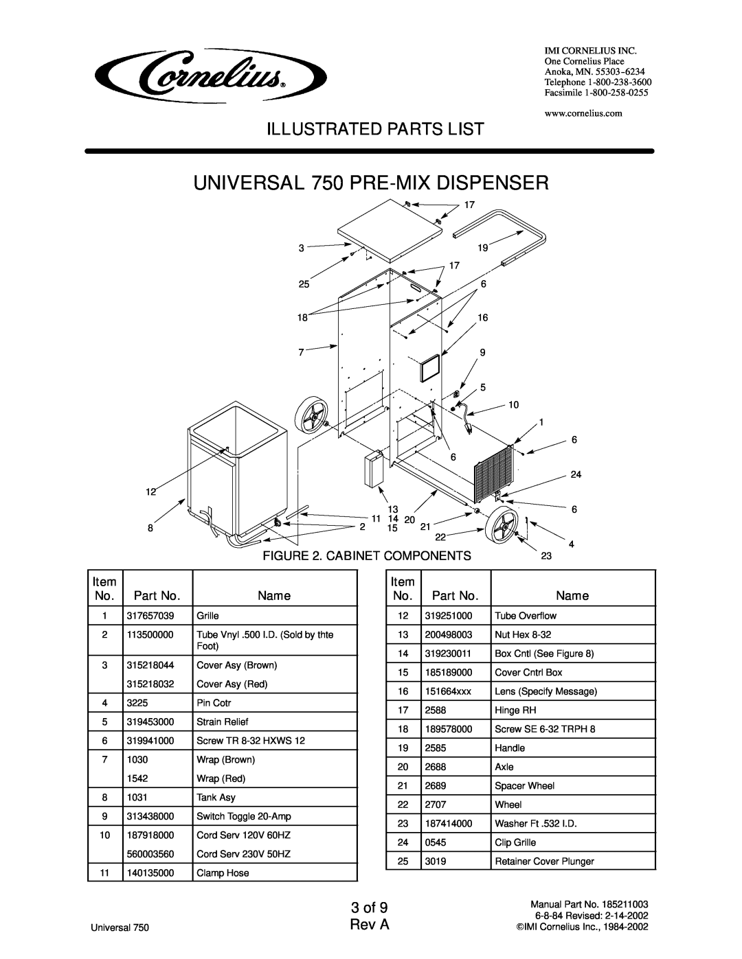 Cornelius 2849949xxx manual 3 of 9 Rev A, UNIVERSAL 750 PRE-MIXDISPENSER, Illustrated Parts List, Cabinet Components, Name 