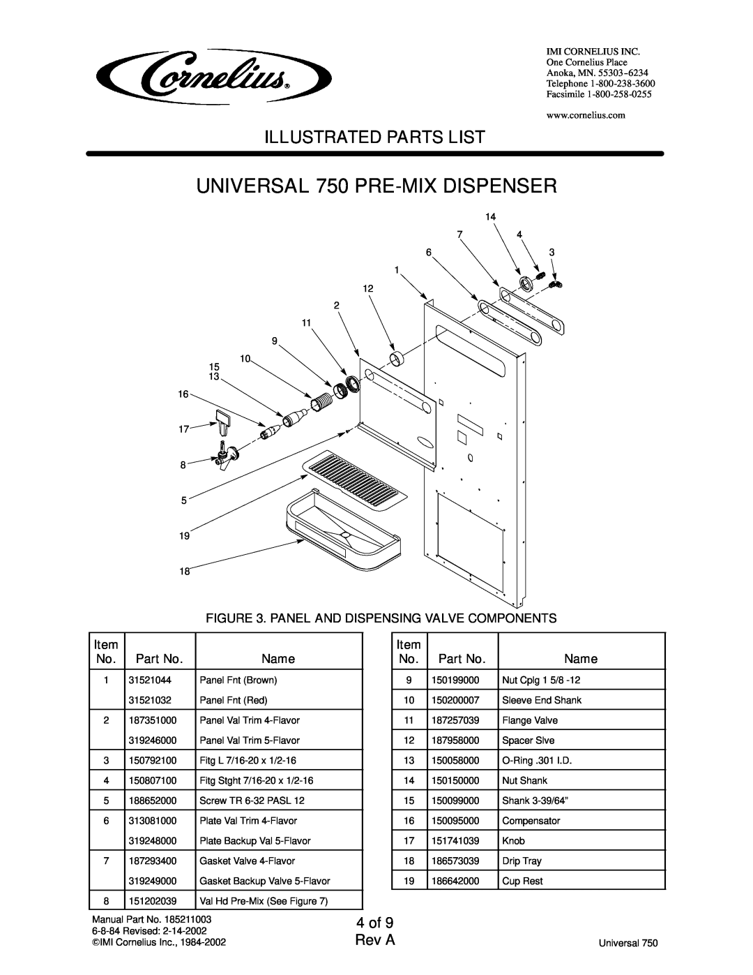 Cornelius 2849959xxx, 2849949xxx manual 4 of 9 Rev A, UNIVERSAL 750 PRE-MIXDISPENSER, Illustrated Parts List, Name 