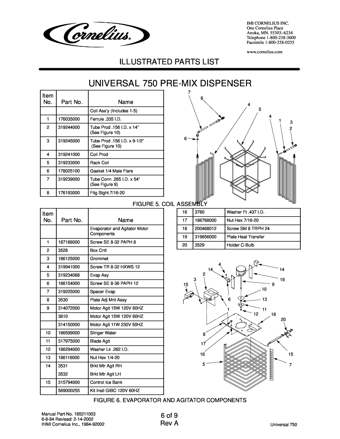 Cornelius 2849959xxx, 2849949xxx manual 6 of 9 Rev A, UNIVERSAL 750 PRE-MIXDISPENSER, Illustrated Parts List 