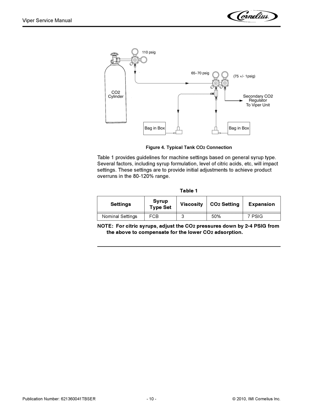 Cornelius 3 service manual Settings Syrup Viscosity CO 2 Setting Expansion Type Set, Psig 