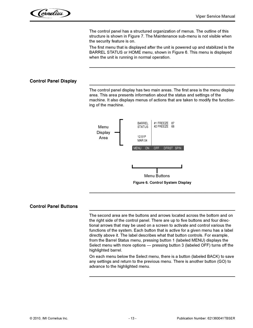 Cornelius 3 service manual Control Panel Display, Control Panel Buttons, Barrel, Status 