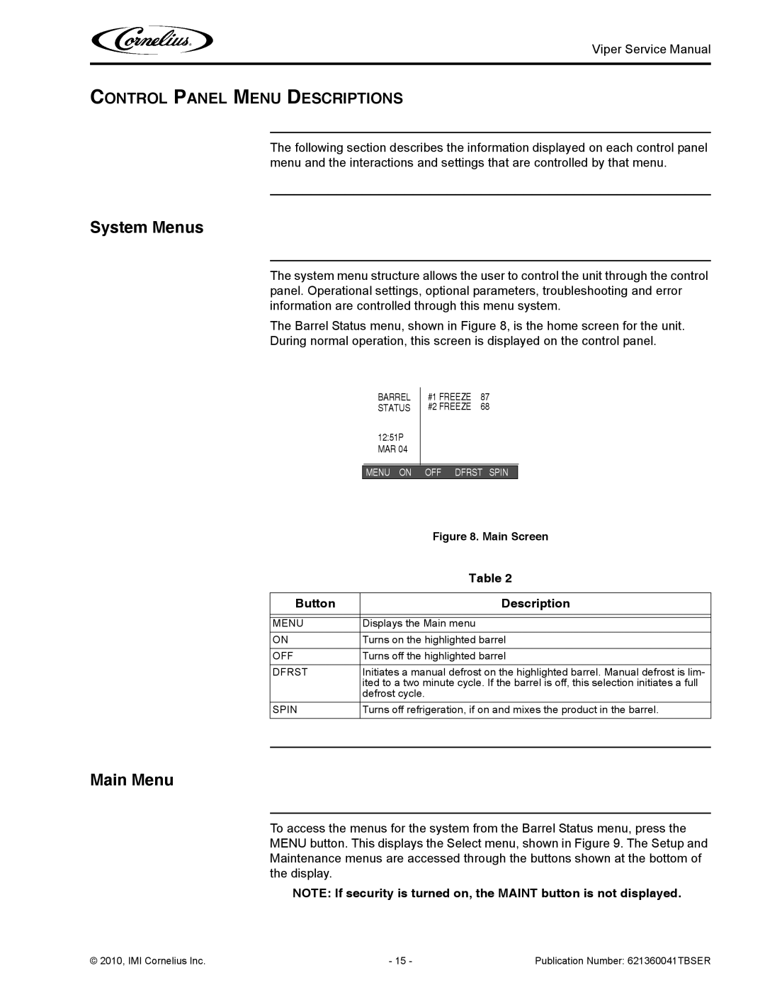 Cornelius 3 service manual System Menus, Main Menu, Control Panel Menu Descriptions, Button Description 