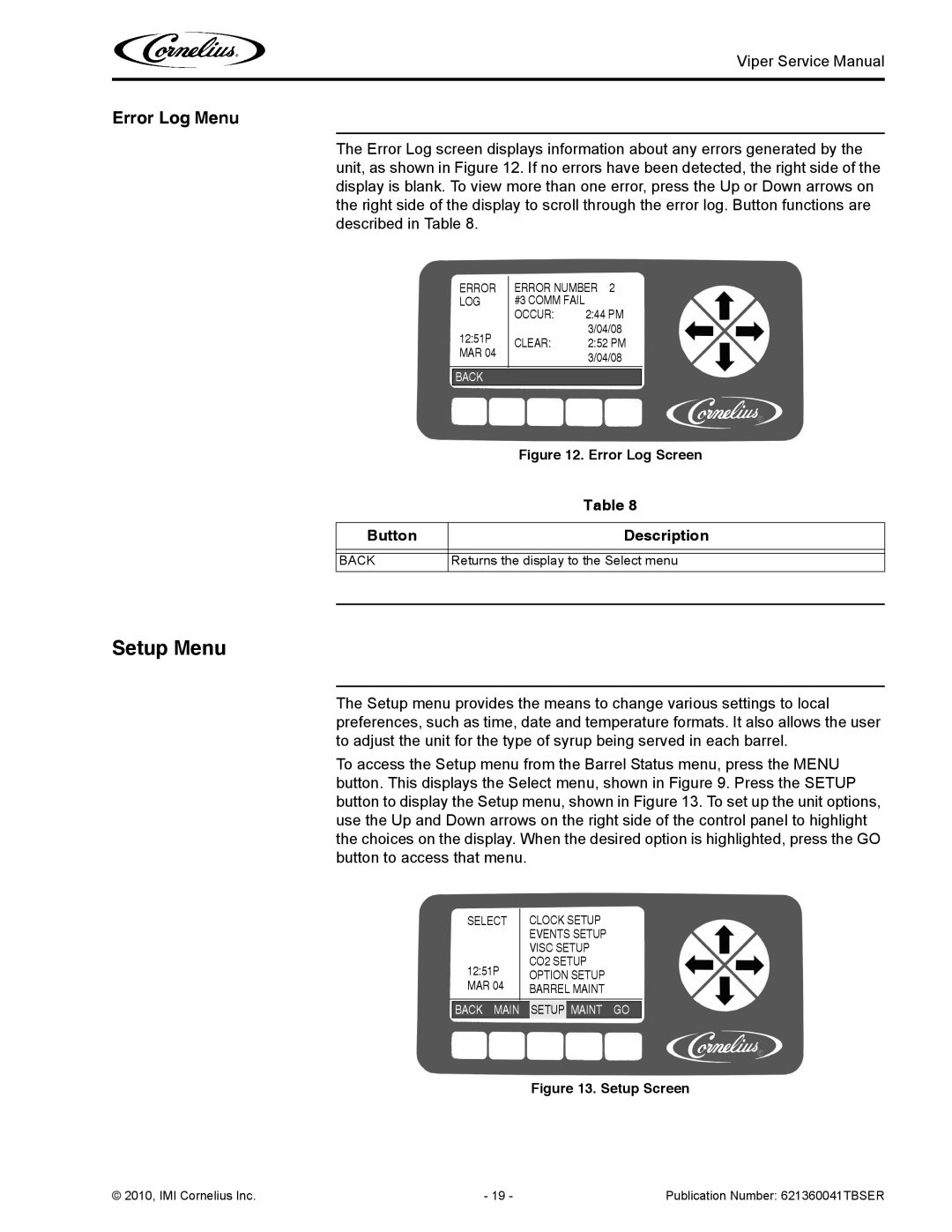 Cornelius 3 service manual Setup Menu, Error Log Menu 