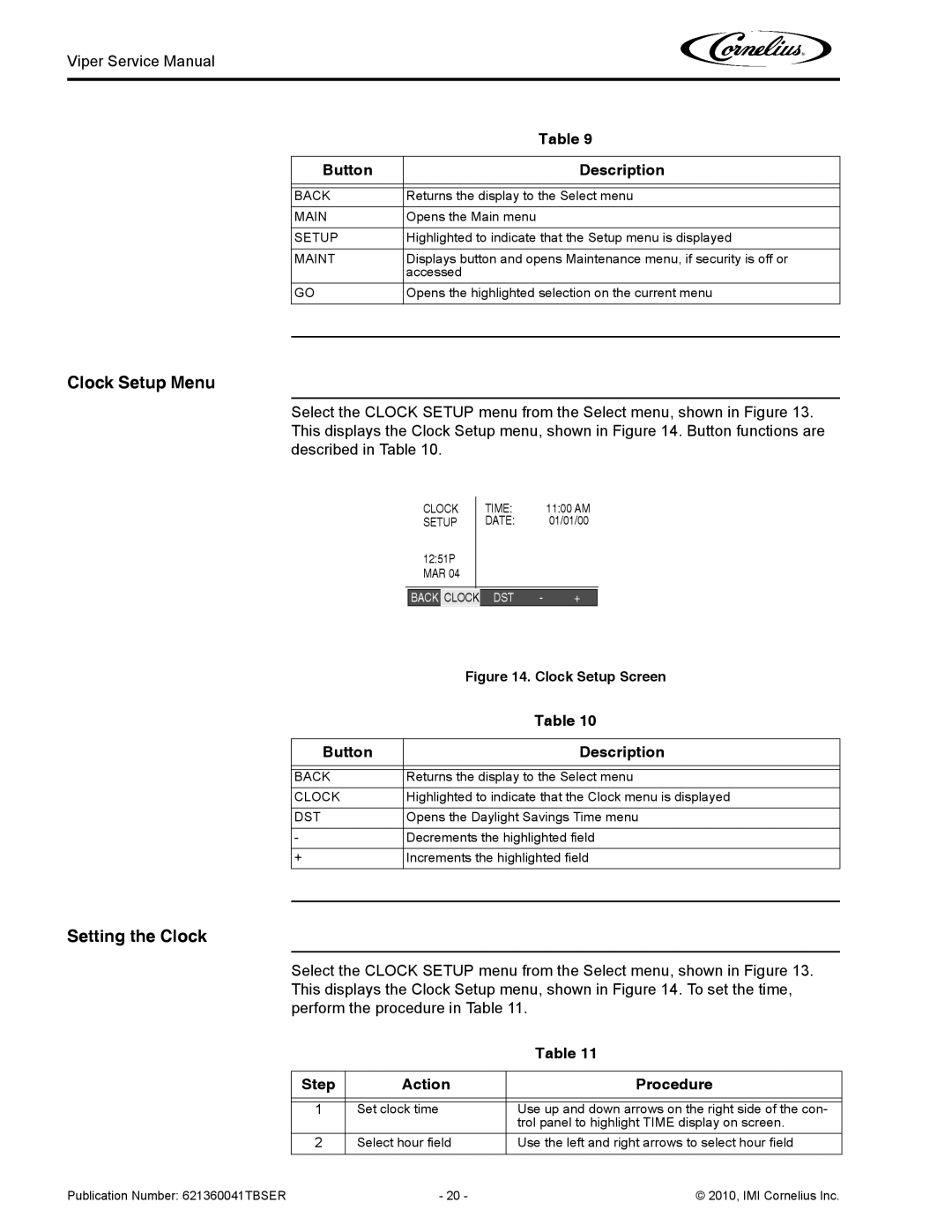 Cornelius 3 service manual Clock Setup Menu, Setting the Clock, Action Procedure 