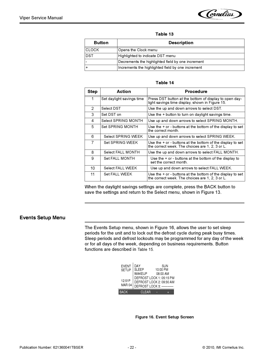 Cornelius 3 service manual Events Setup Menu, Event DAY SUN Setup Sleep, Wakeup 