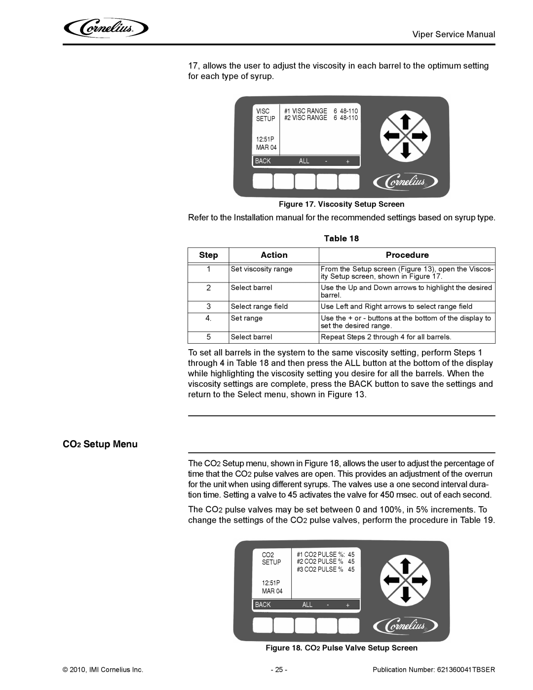 Cornelius 3 service manual CO2 Setup Menu, Visc 