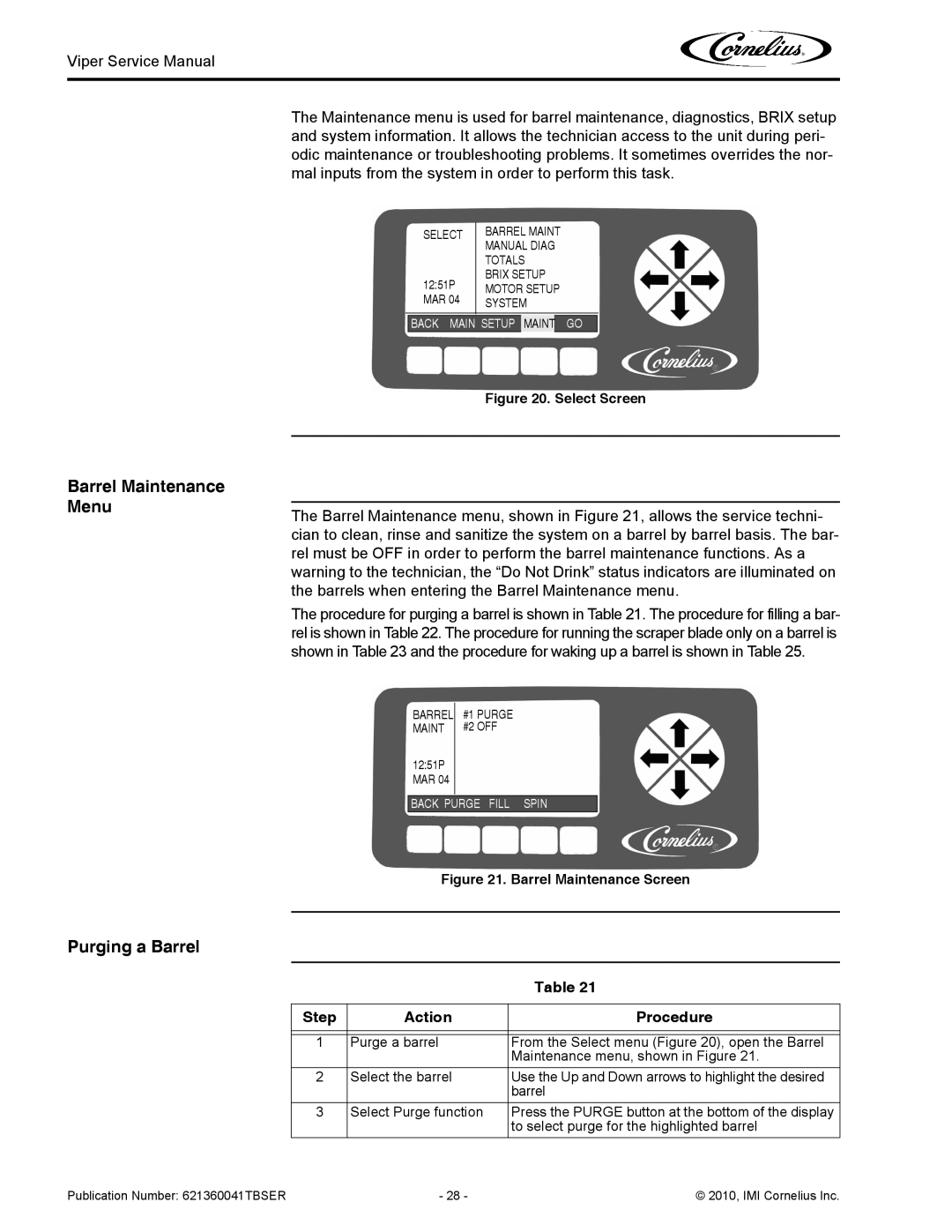 Cornelius 3 Barrel Maintenance Menu Purging a Barrel, Select Barrel Maint Manual Diag Totals, Brix Setup, Motor Setup 