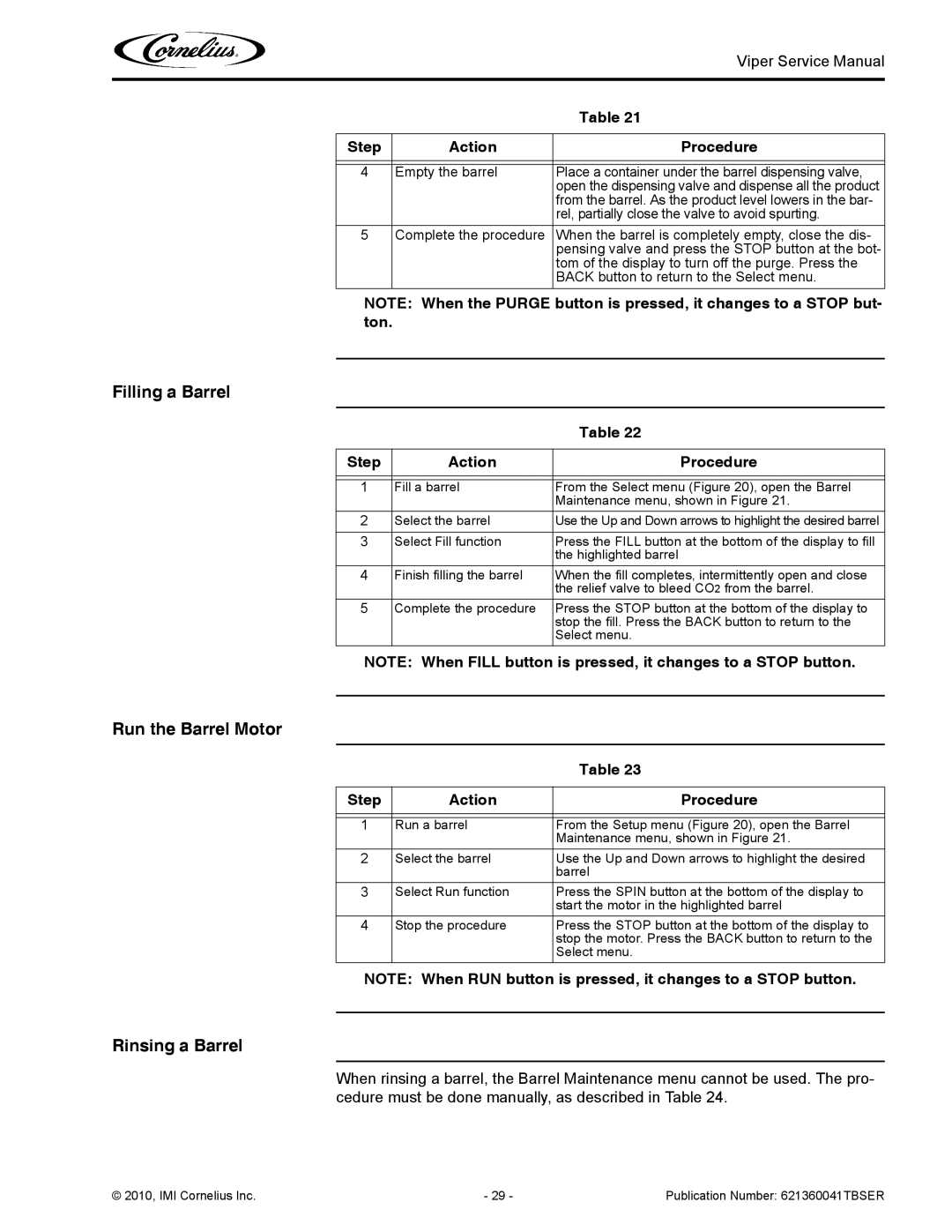 Cornelius 3 service manual Filling a Barrel, Run the Barrel Motor, Rinsing a Barrel 