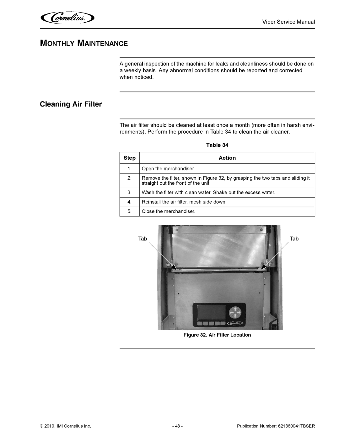 Cornelius 3 service manual Cleaning Air Filter, Monthly Maintenance, Step Action 