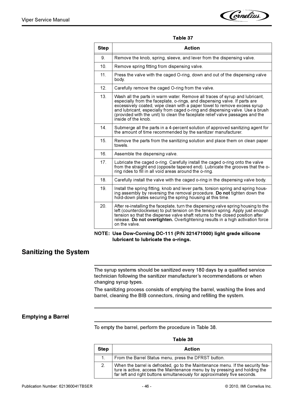 Cornelius 3 service manual Sanitizing the System, Emptying a Barrel 