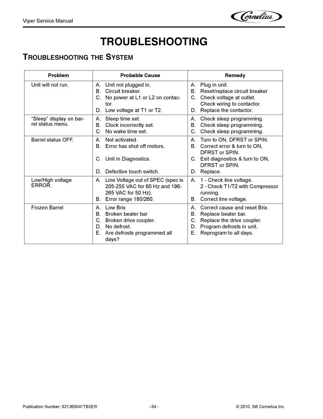 Cornelius 3 service manual Troubleshooting the System, Problem Probable Cause Remedy 