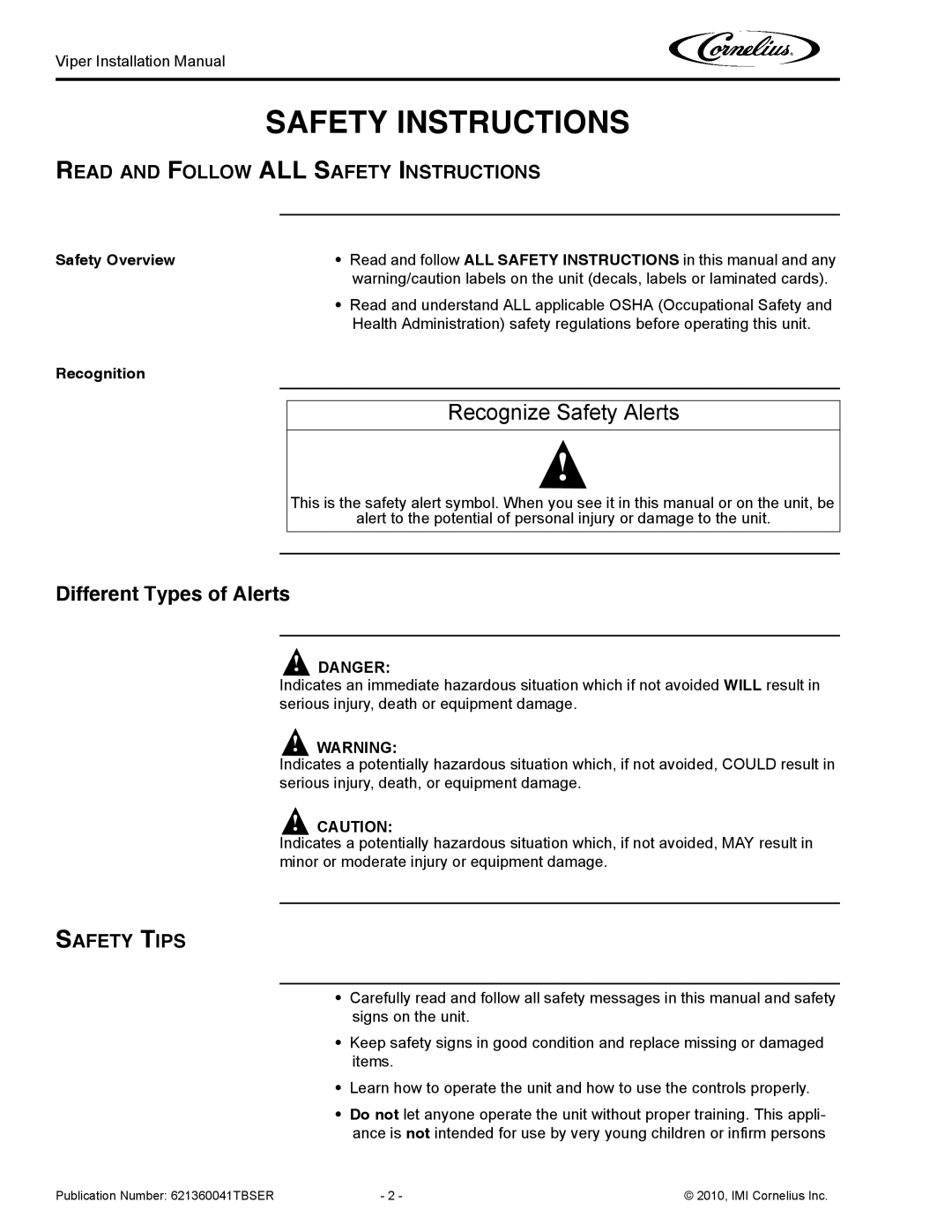 Cornelius 3 Different Types of Alerts, Read and Follow ALL Safety Instructions, Safety Tips, Safety Overview, Recognition 