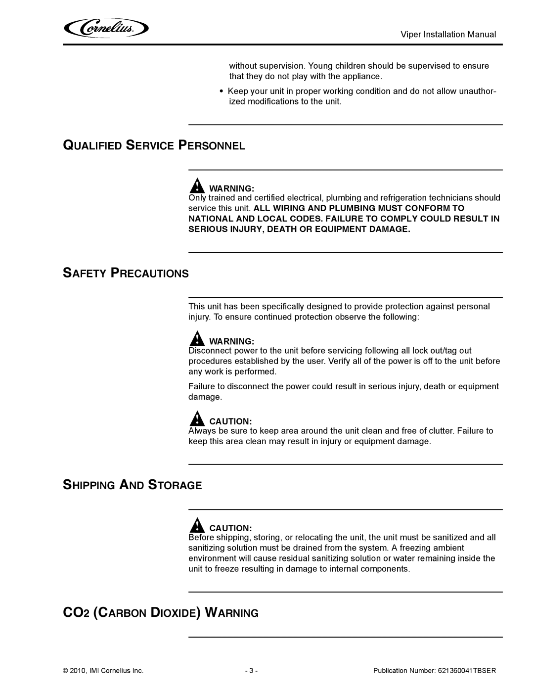 Cornelius 3 Qualified Service Personnel, Safety Precautions, Shipping and Storage, CO2 Carbon Dioxide Warning 