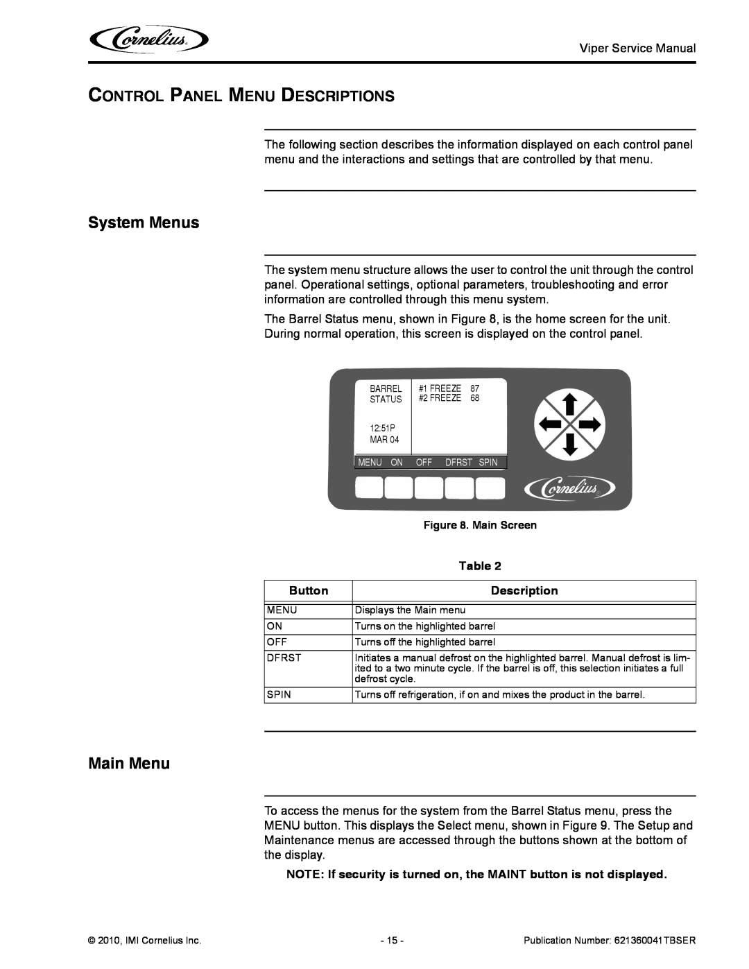 Cornelius 3 service manual System Menus, Main Menu, Control Panel Menu Descriptions, Button 
