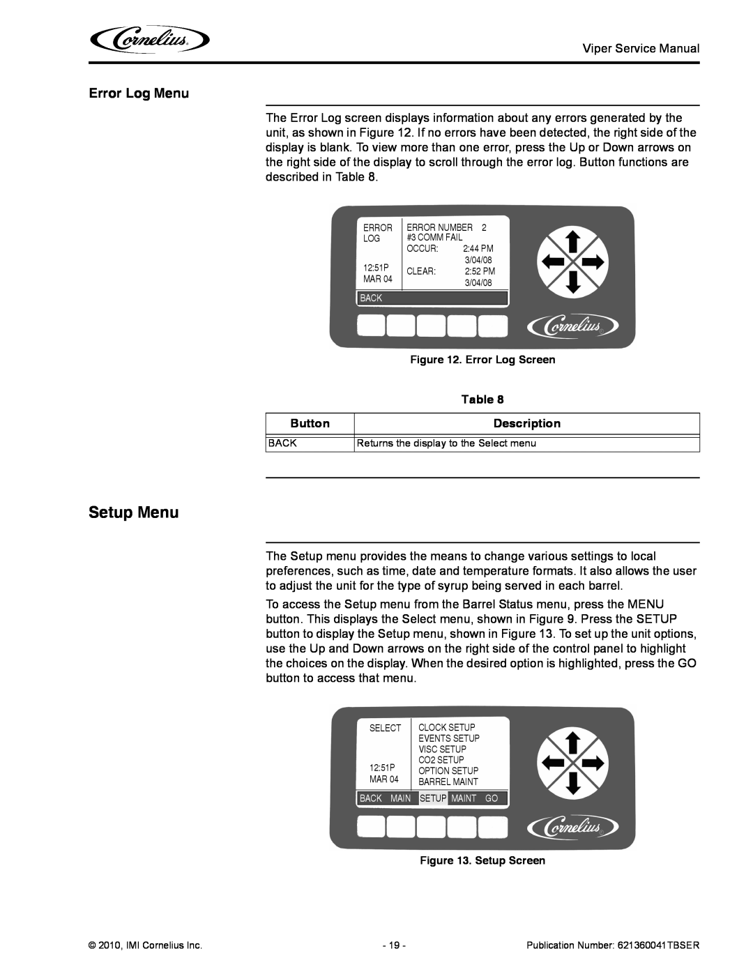 Cornelius 3 service manual Setup Menu, Error Log Menu, Button, Description 