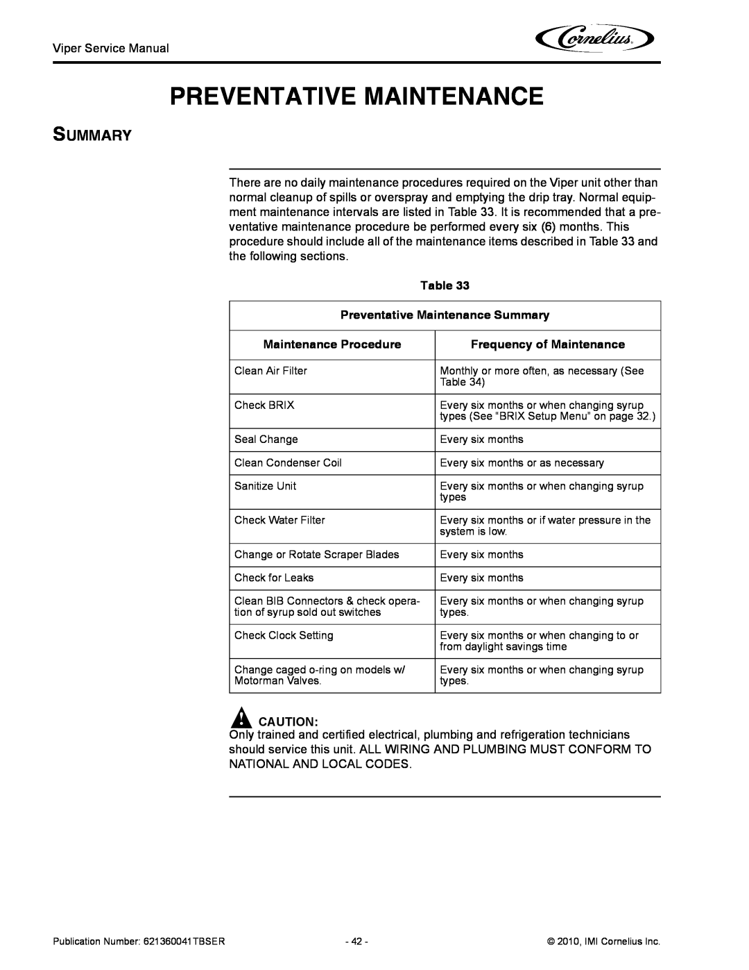 Cornelius 3 service manual Table Preventative Maintenance Summary, Maintenance Procedure, Frequency of Maintenance 