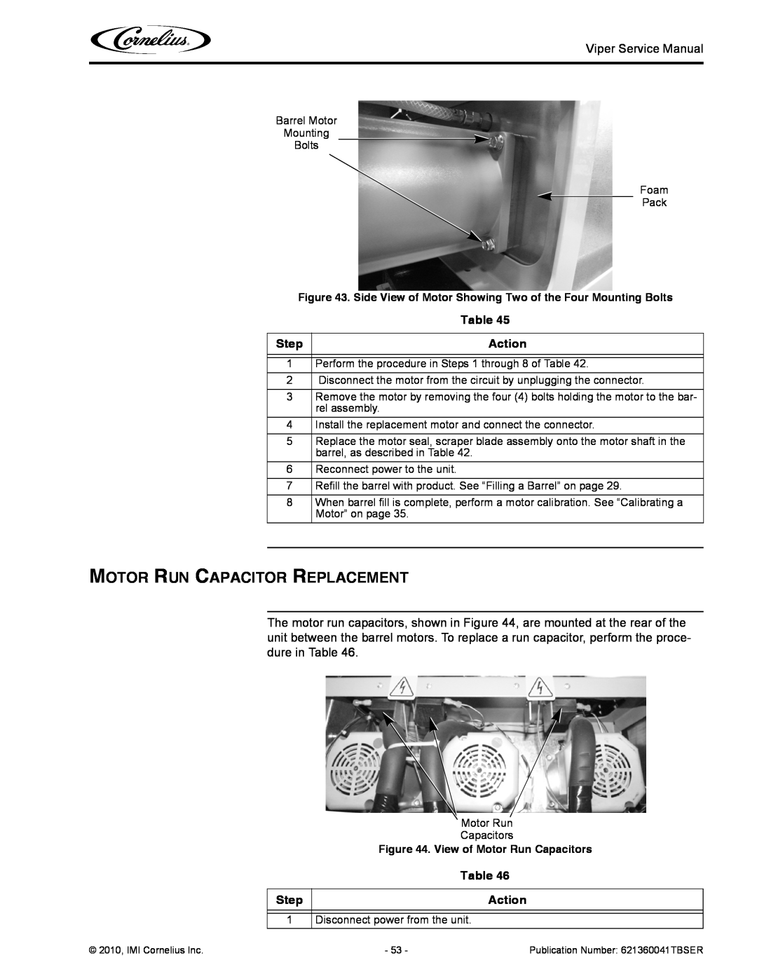 Cornelius 3 service manual Motor Run Capacitor Replacement, Action, Step, View of Motor Run Capacitors 