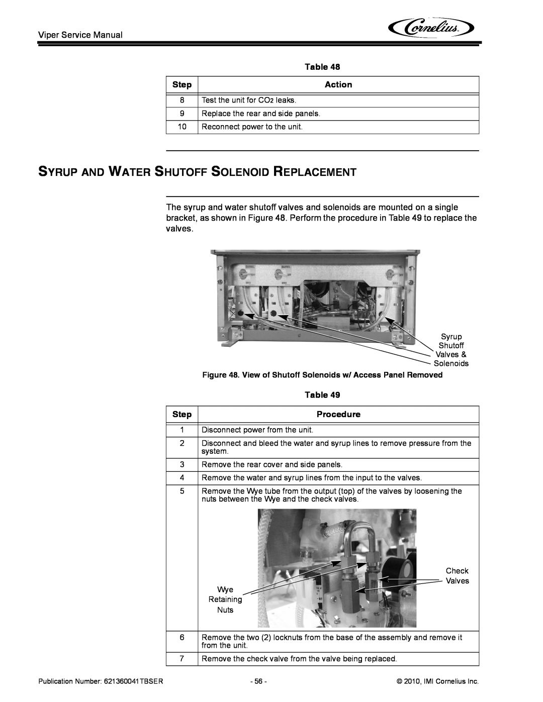 Cornelius 3 service manual Syrup And Water Shutoff Solenoid Replacement, Step, Action, Procedure 