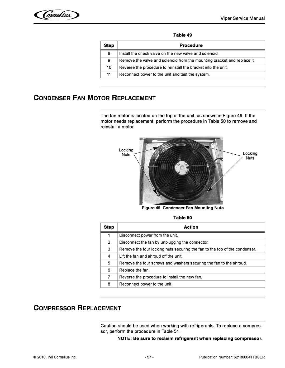 Cornelius 3 service manual Condenser Fan Motor Replacement, Compressor Replacement, Step, Procedure, Action 