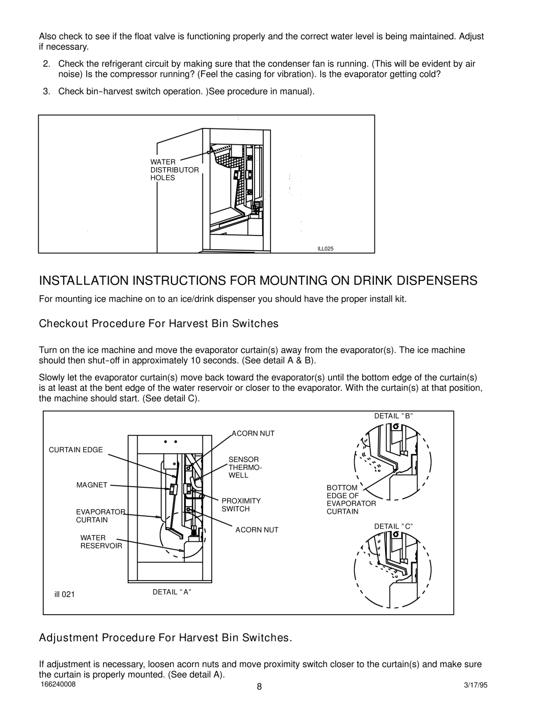 Cornelius 322 Installation Instructions for Mounting on Drink Dispensers, Checkout Procedure For Harvest Bin Switches 