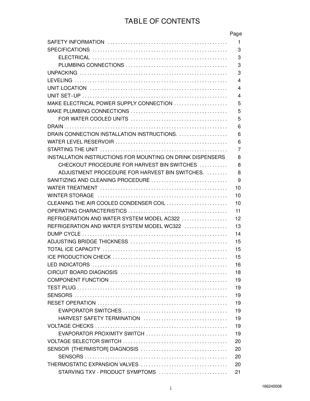 Cornelius 322 manual Table of Contents 