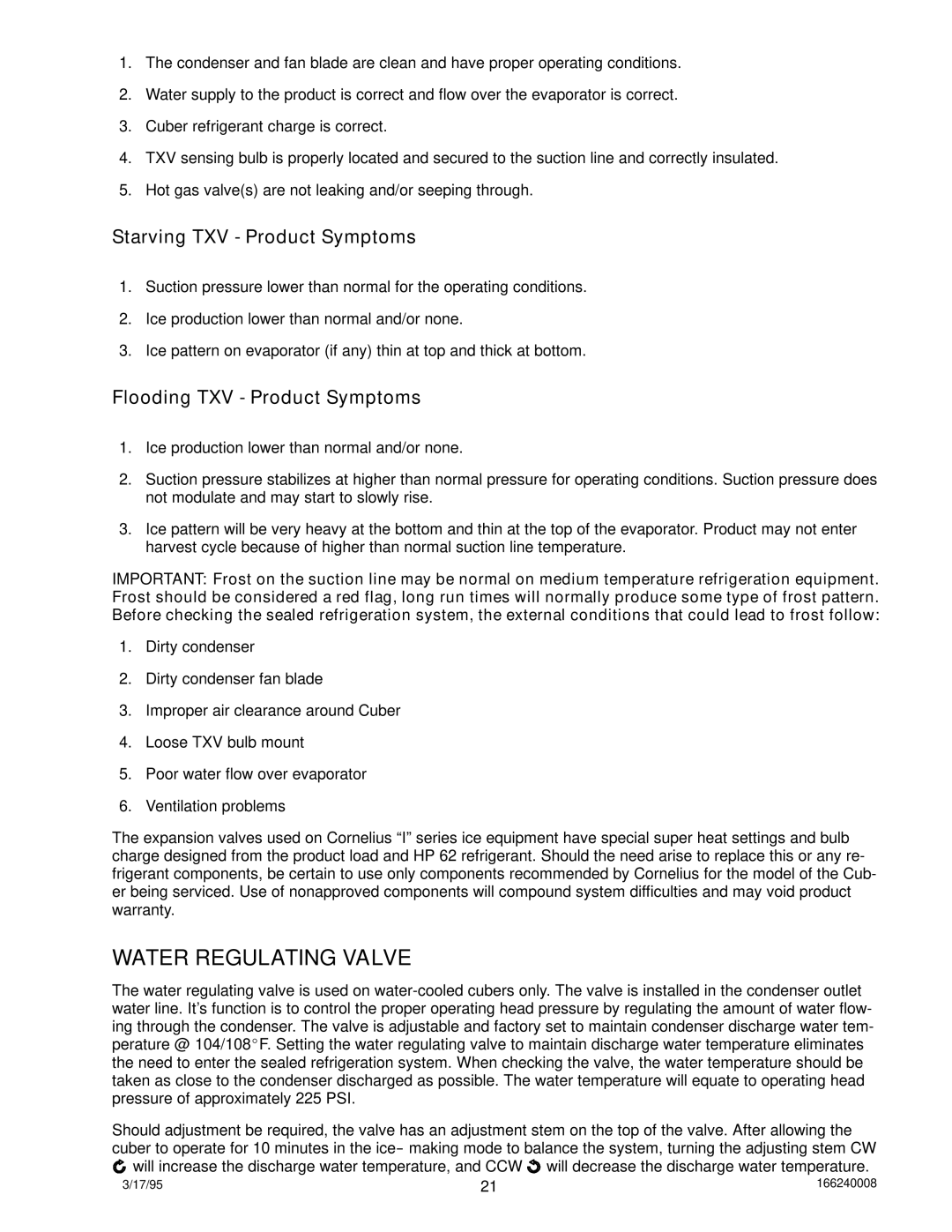 Cornelius 322 manual Water Regulating Valve, Starving TXV Product Symptoms, Flooding TXV Product Symptoms 