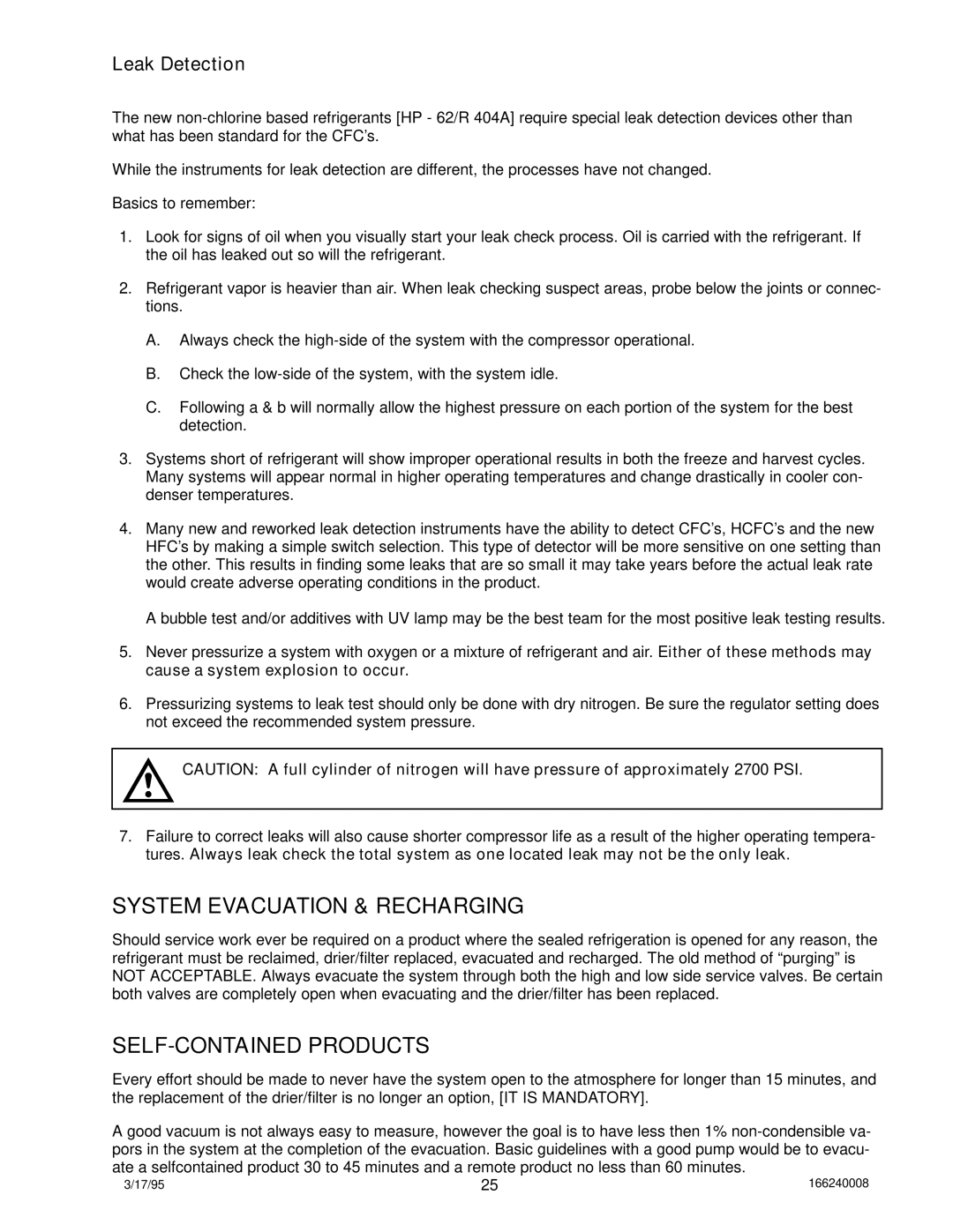 Cornelius 322 manual System Evacuation & Recharging, SELF-CONTAINED Products, Leak Detection 