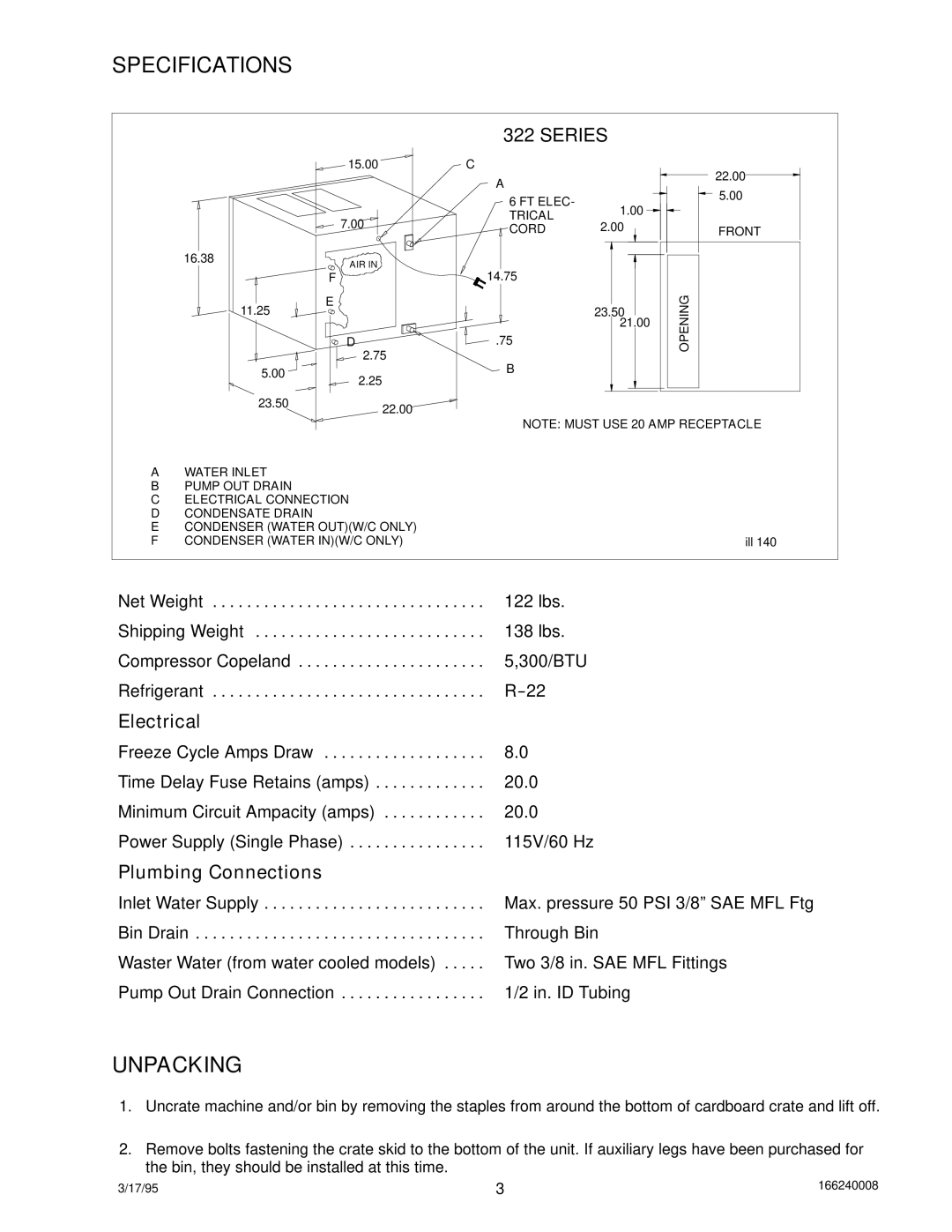 Cornelius 322 manual Specifications, Unpacking, Electrical, Plumbing Connections 