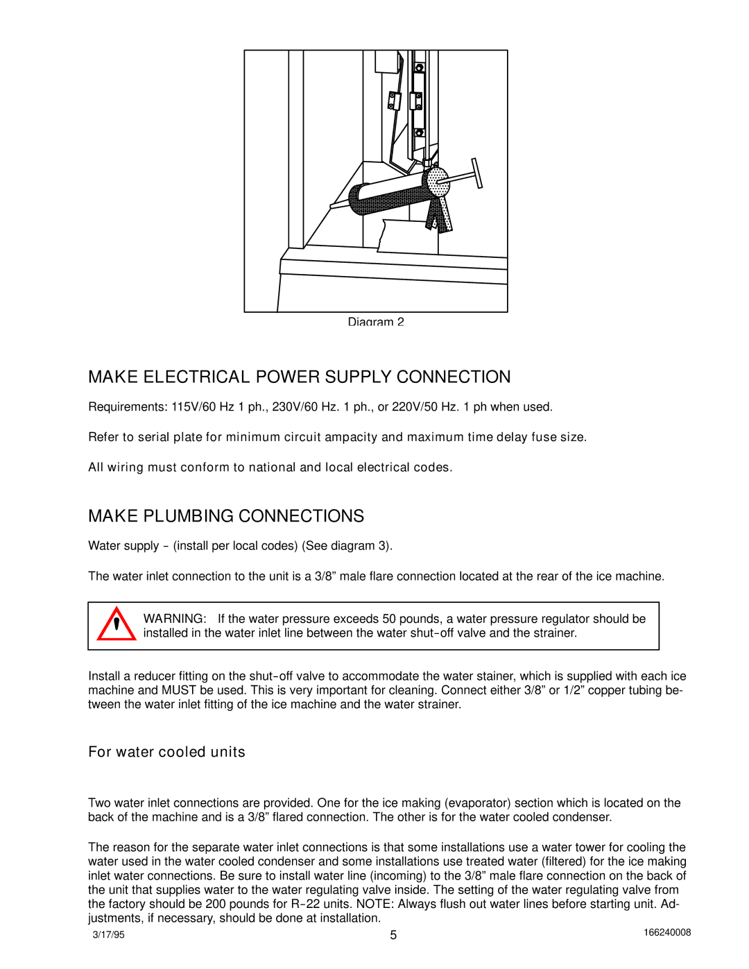 Cornelius 322 manual Make Electrical Power Supply Connection, Make Plumbing Connections, For water cooled units 