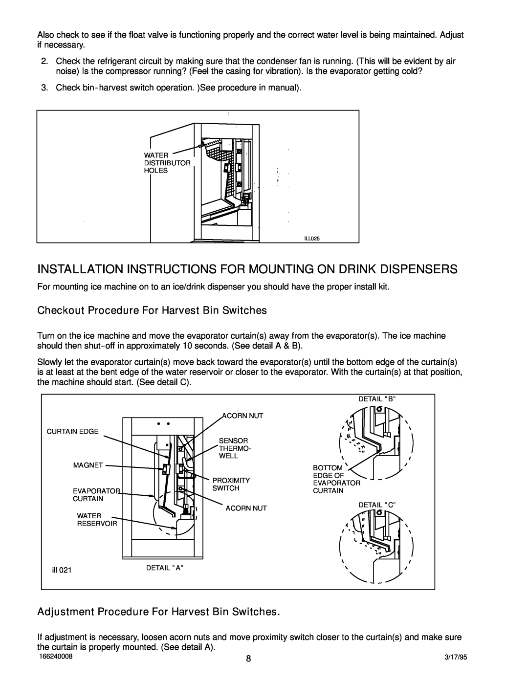 Cornelius 322 Installation Instructions For Mounting On Drink Dispensers, Checkout Procedure For Harvest Bin Switches 