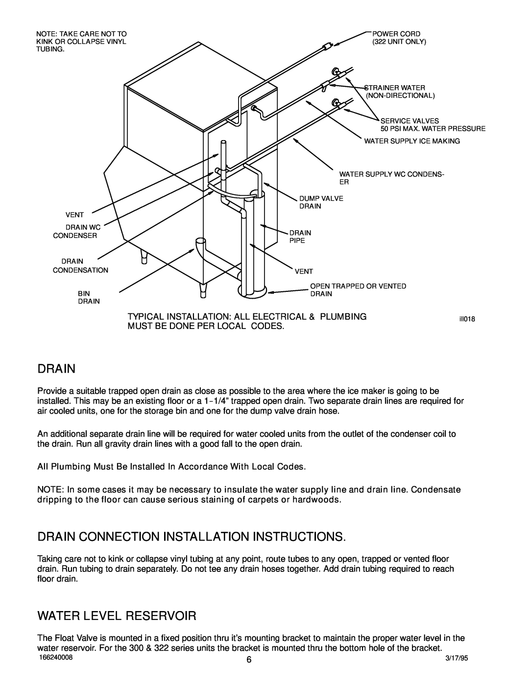 Cornelius 322 manual Drain Connection Installation Instructions, Water Level Reservoir, Must Be Done Per Local Codes 