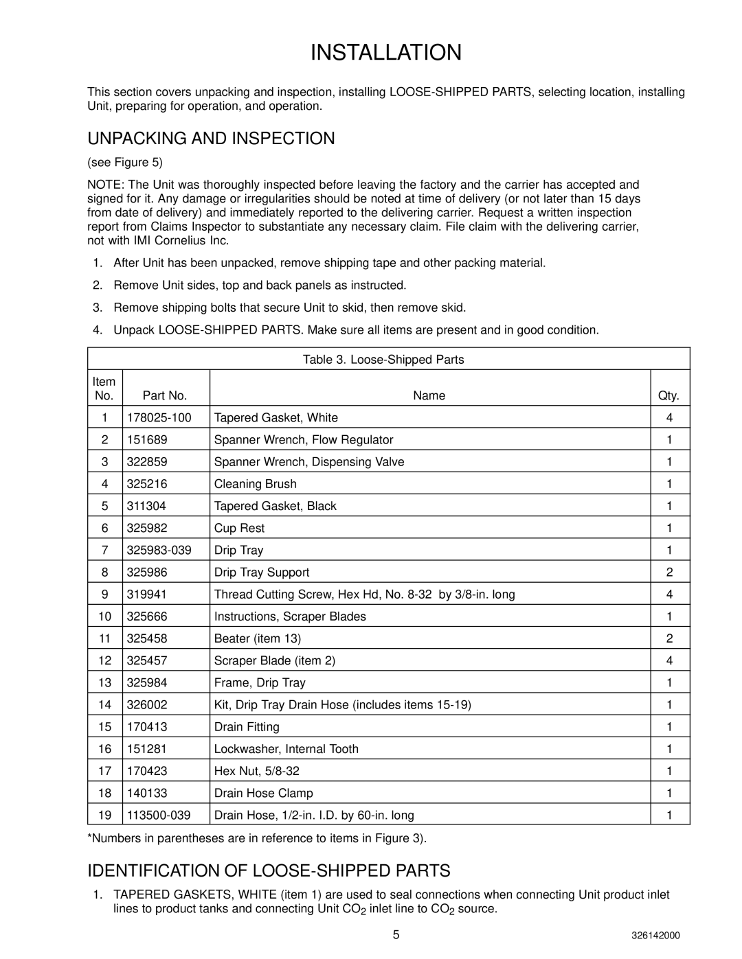 Cornelius 326142000 service manual Unpacking and Inspection, Identification of LOOSE-SHIPPED Parts 