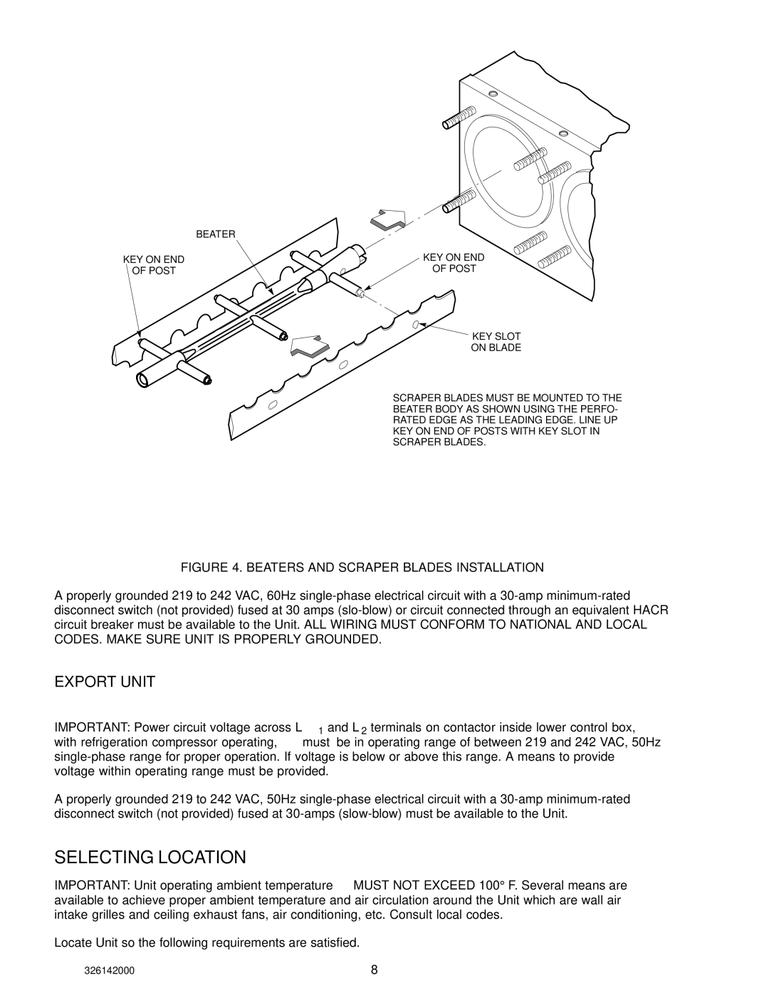 Cornelius 326142000 service manual Selecting Location, Export Unit 