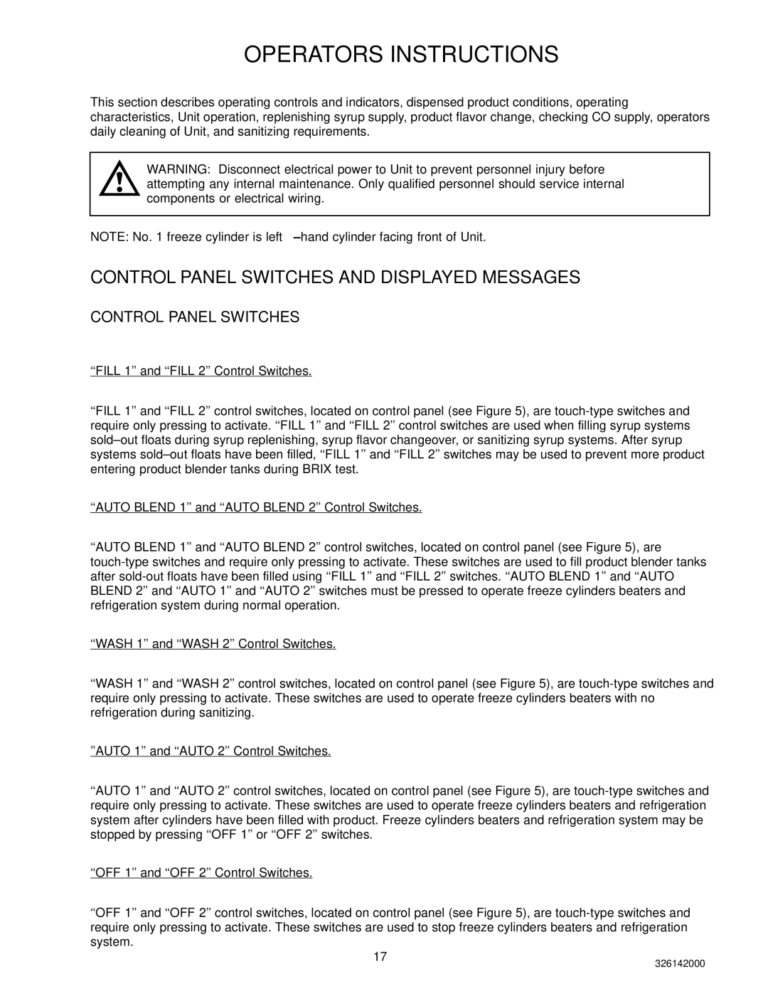 Cornelius 326142000 service manual Control Panel Switches and Displayed Messages 