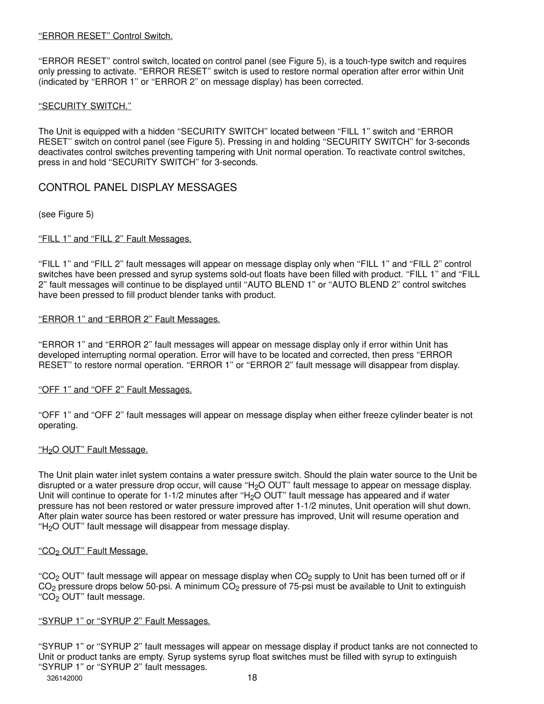 Cornelius 326142000 service manual Control Panel Display Messages, ‘‘Security Switch.’’ 