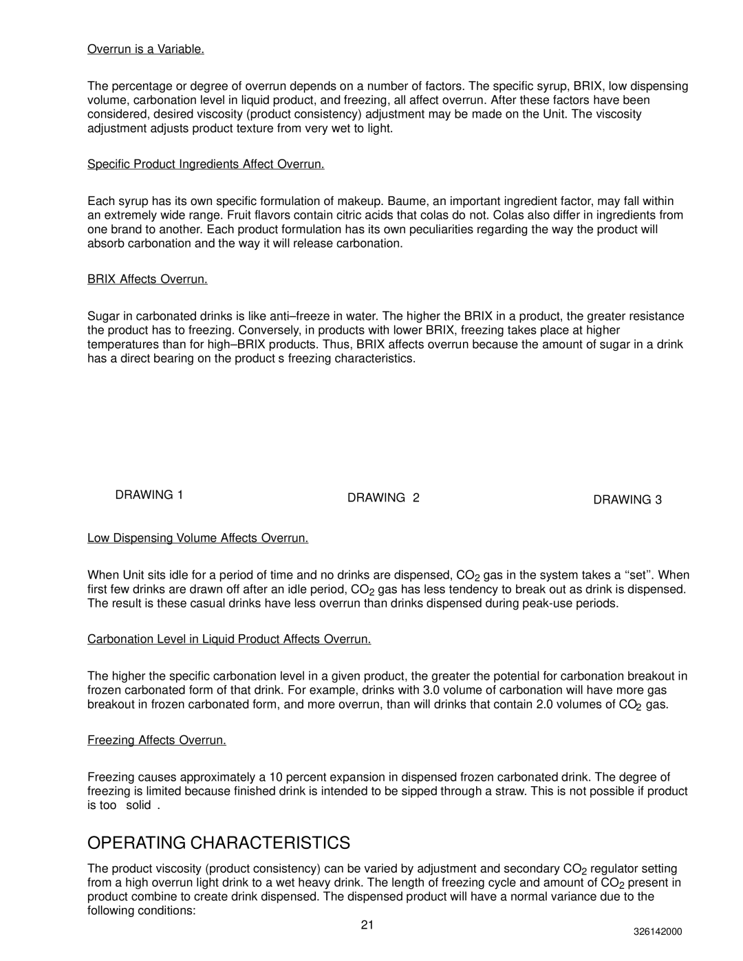 Cornelius 326142000 service manual Operating Characteristics, Drawing 