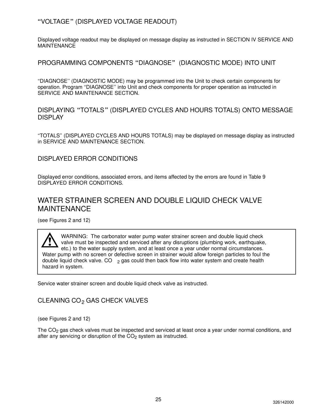 Cornelius 326142000 service manual Displayed Error Conditions, Cleaning CO2 GAS Check Valves 